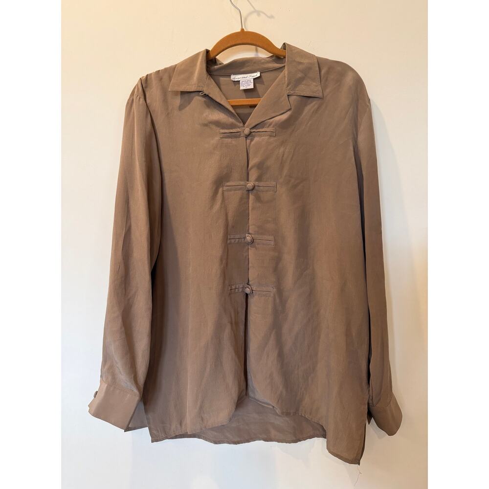 Vtg 90s Anna and Frank 100% Silk oversized lagenlook blouse brown tan Large